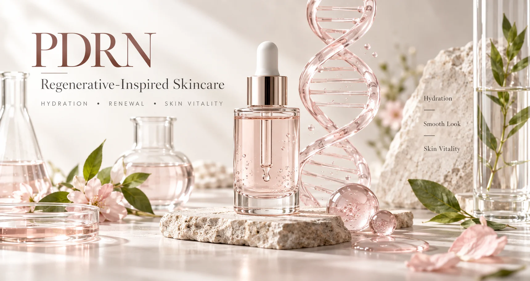PDRN skincare product featuring a serum bottle with a dropper surrounded by pink liquid, glass containers, a decorative DNA helix structure, and natural elements like flowers and leaves.